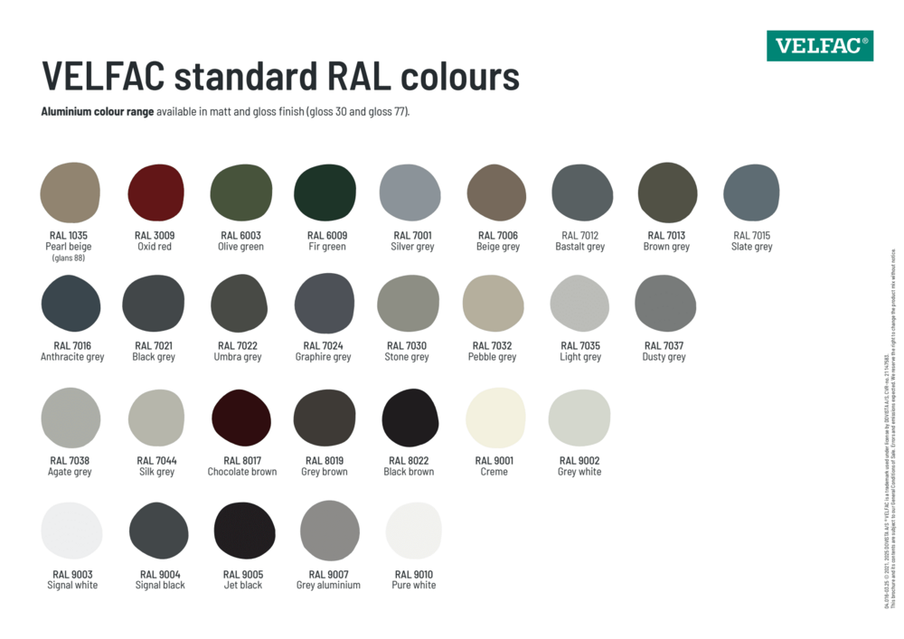 VELFAC standard RAL colours, aluminium